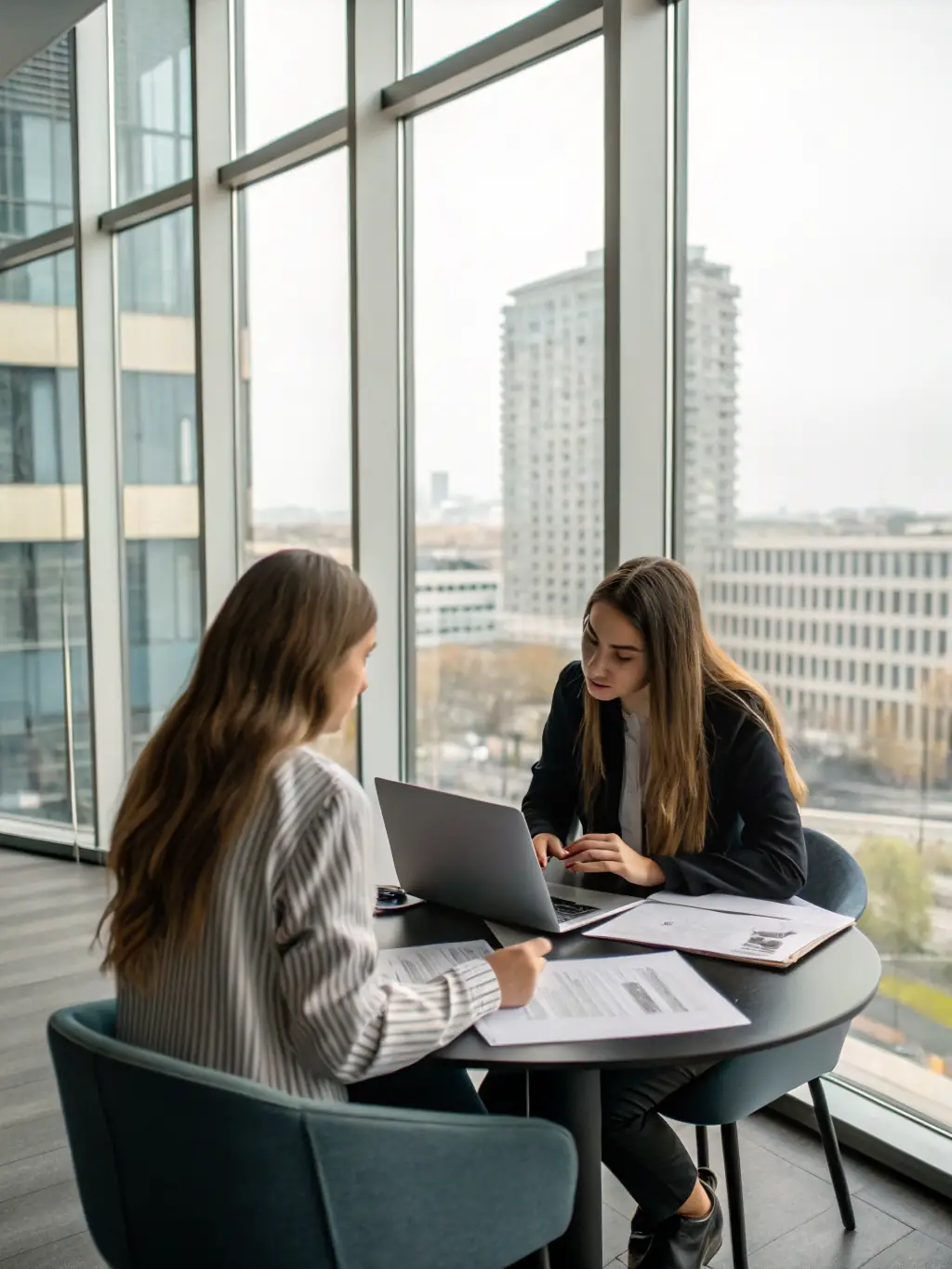 An image of a professional consultant discussing documents with clients in a modern office setting, representing Legal, Tax, and Financial Consulting services.