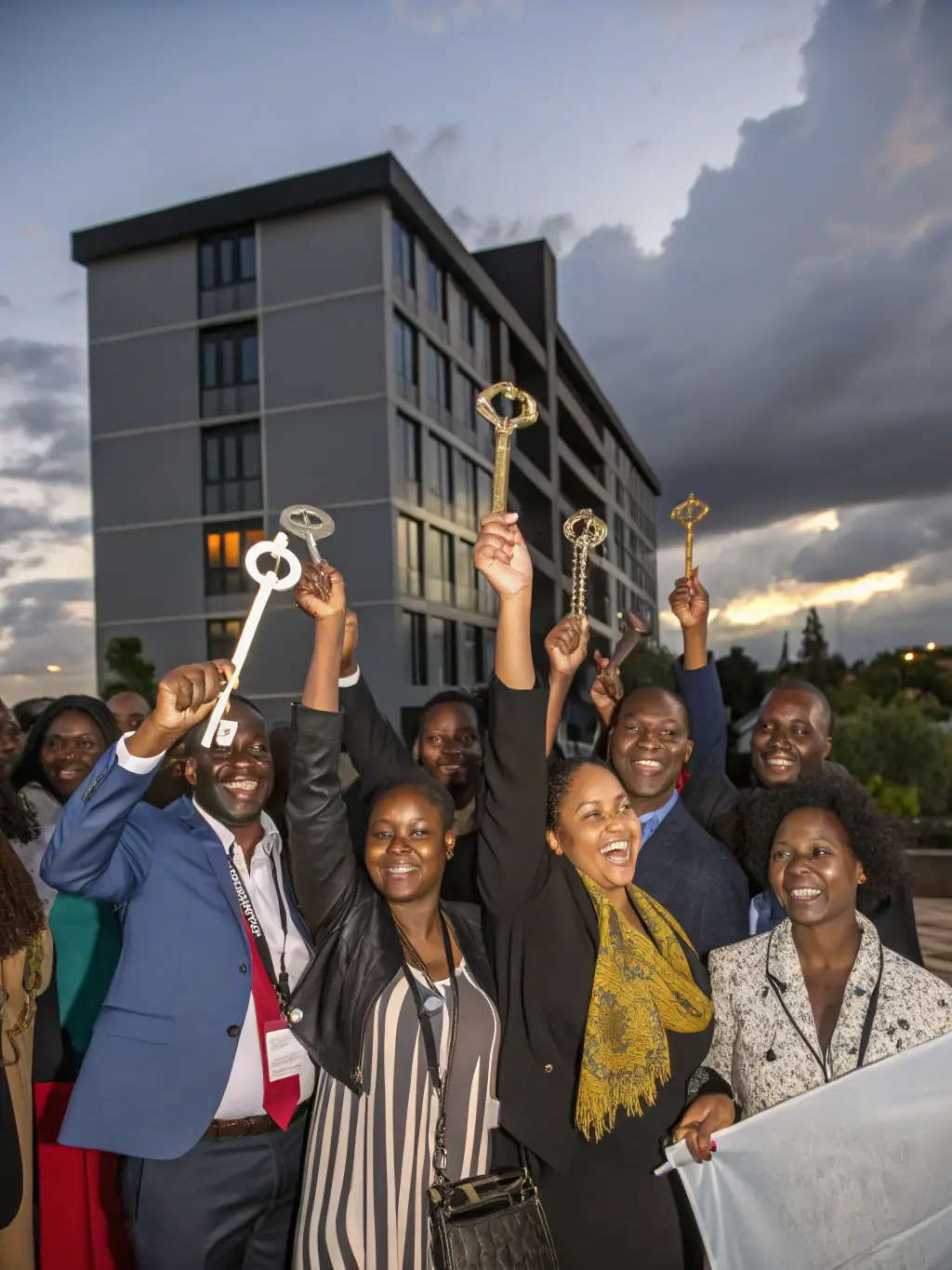 A welcoming image of a family and professionals in front of a Miami office building, smiling and holding keys, representing Business Startup and Relocation Services.