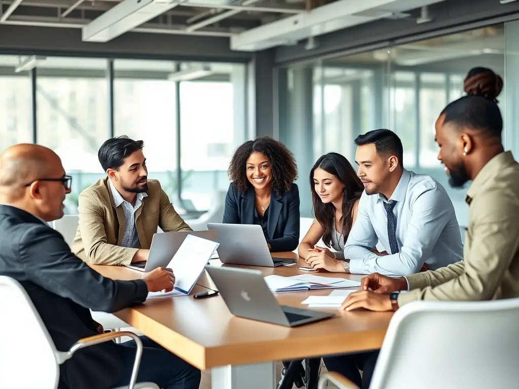 A diverse group of professionals collaborating in a modern office space, symbolizing business startup consulting. The image should convey teamwork and innovation.