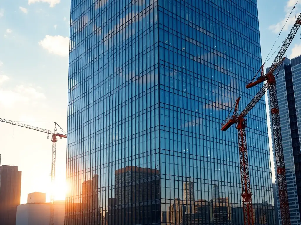 A modern glass office building in downtown Miami, representing commercial real estate opportunities. The image should convey professionalism and success.