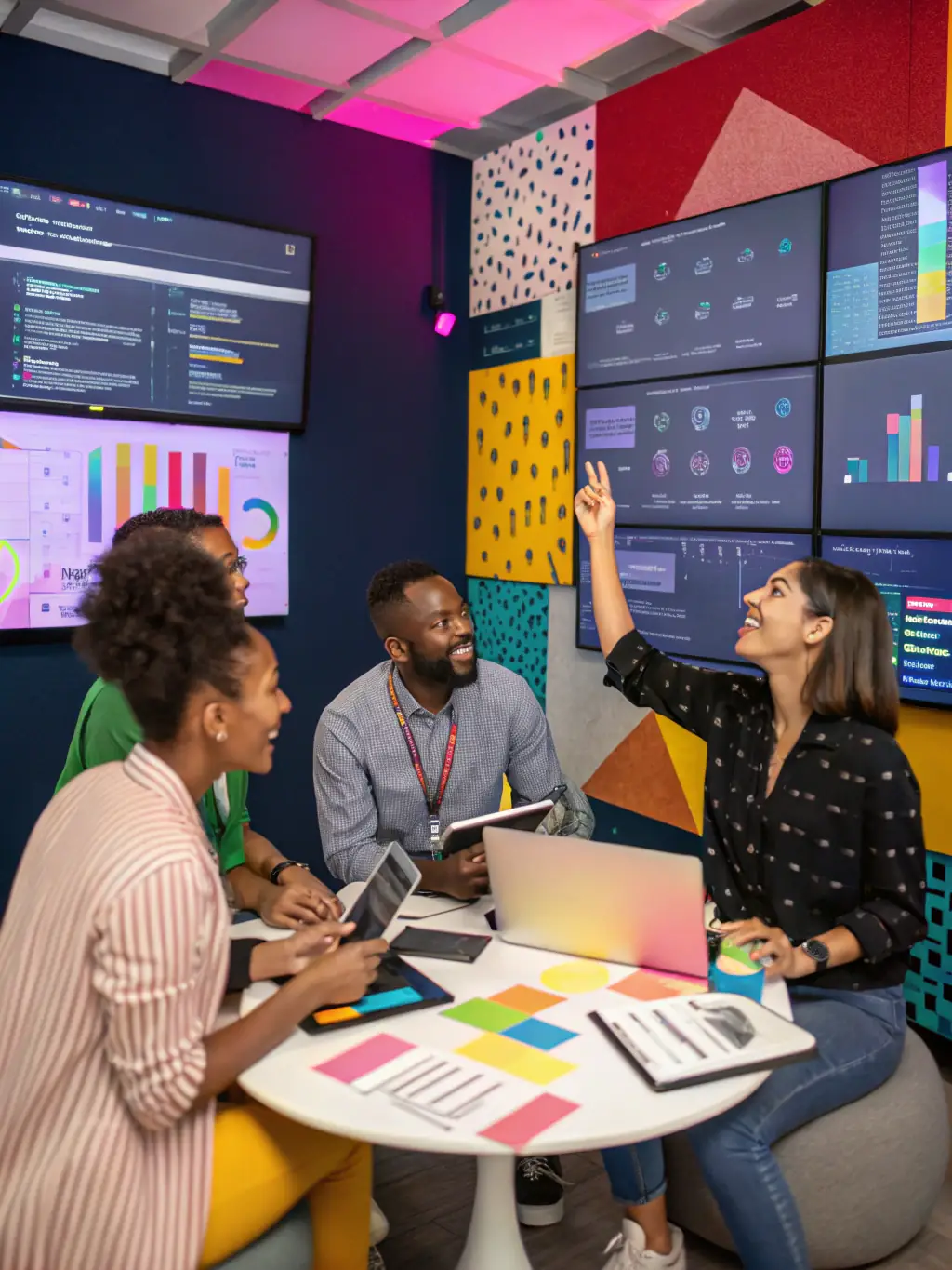 A diverse group of entrepreneurs brainstorming in a modern co-working space, symbolizing the collaborative nature of business startup consulting in Miami.