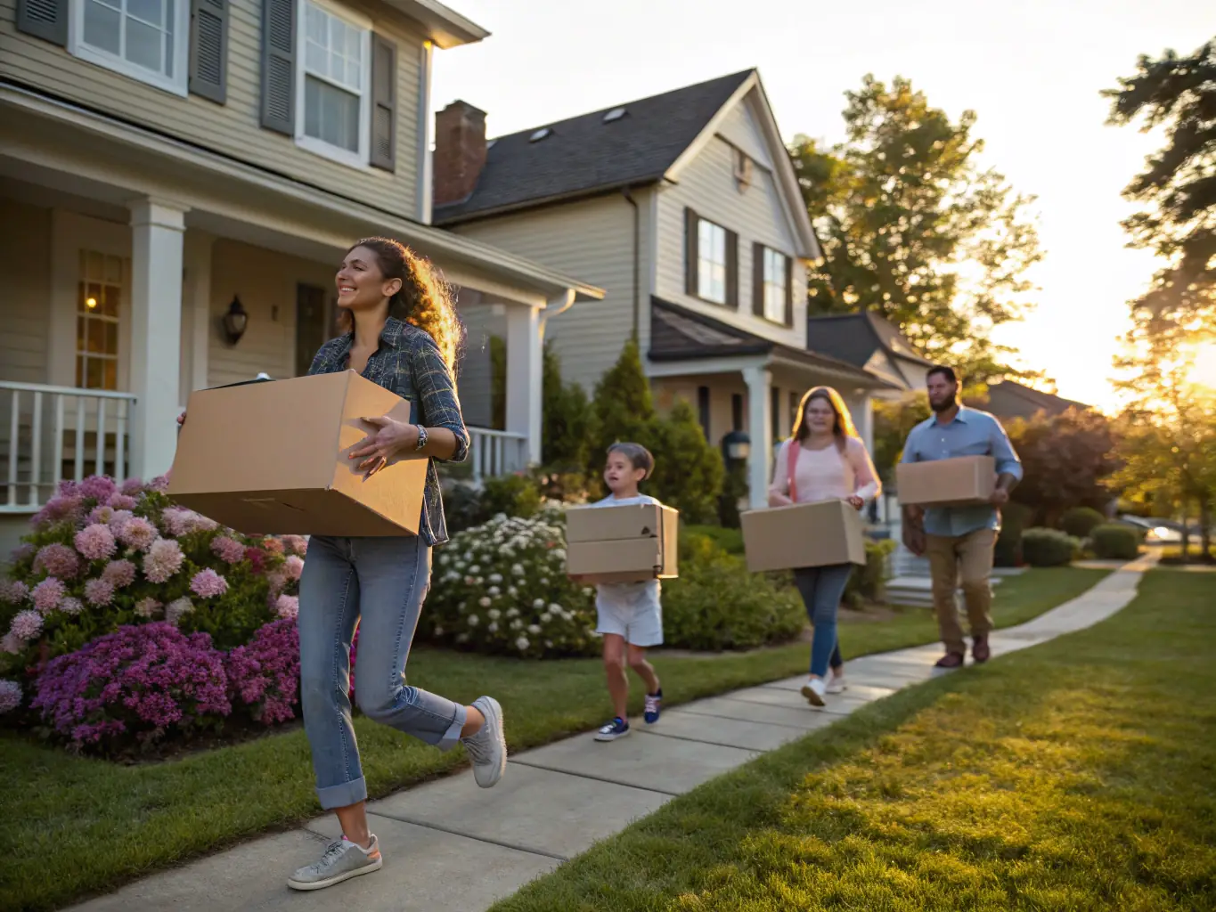 A family happily moving into a new home in Miami, representing relocation services. The image should convey warmth and a smooth transition.