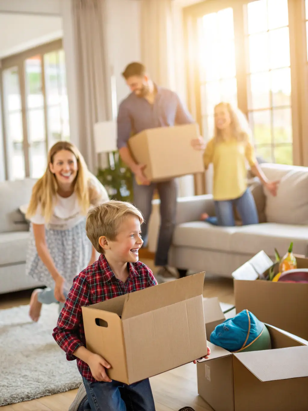 A family happily moving into a new home in a vibrant Miami neighborhood, representing the ease and support provided by relocation services.
